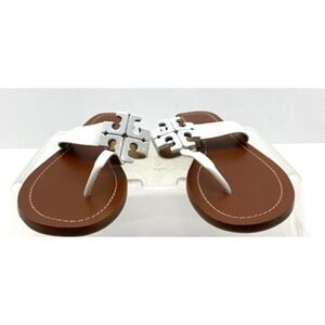 Tory Burch White Leather Thong Sandals with Metal Accent, Size 8.5M